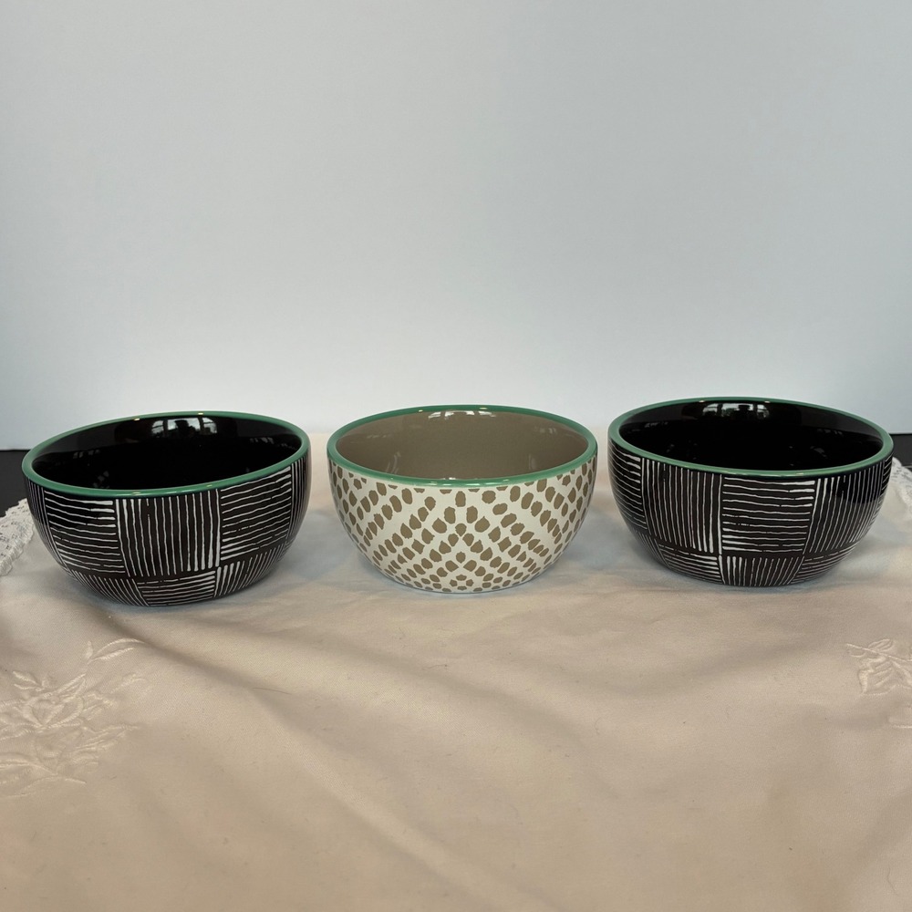 3 Threshold Bowls Small Geometric Stoneware Teal Rim Snacks Prep Boho Modern Dip
